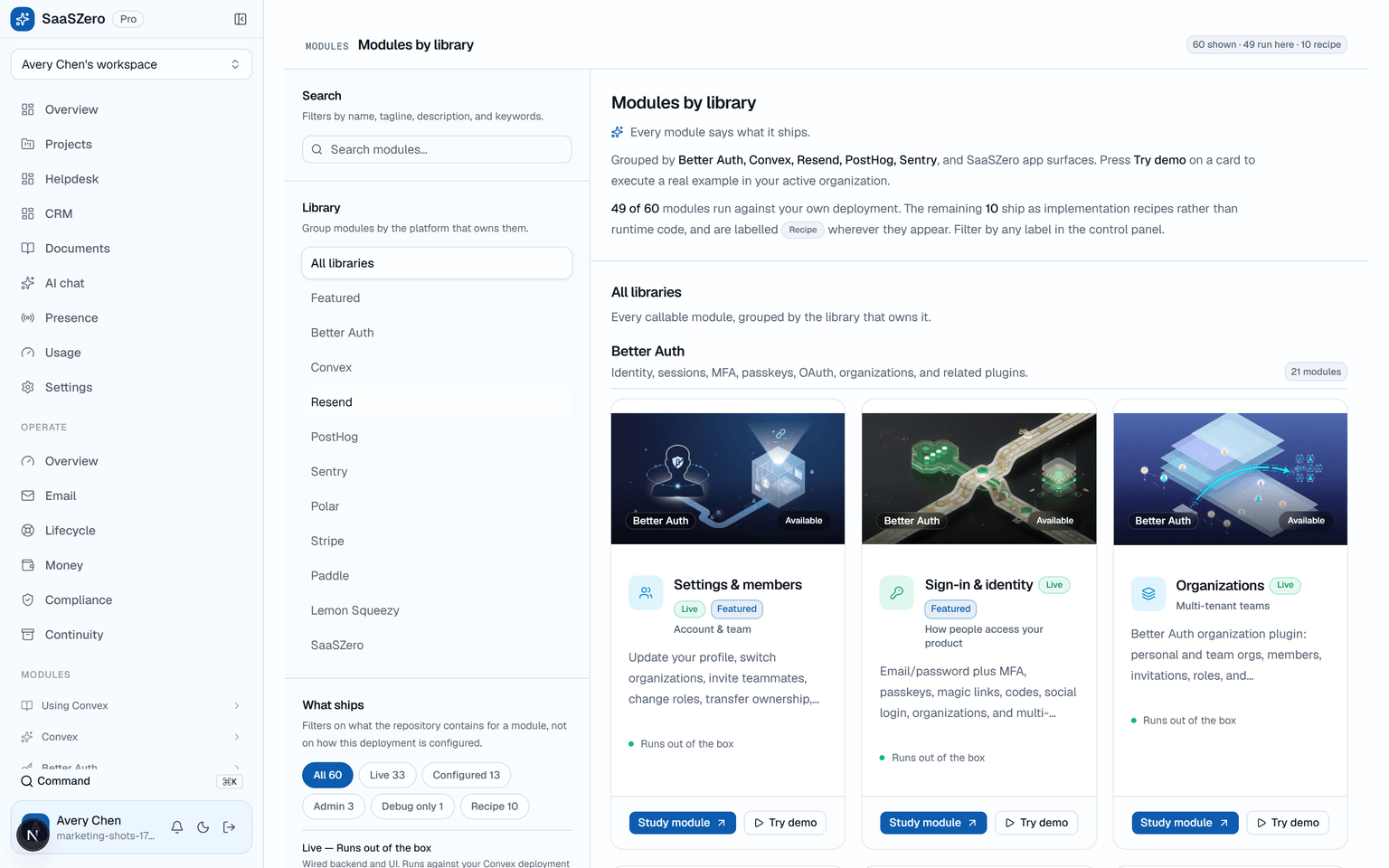Module catalog with live demos